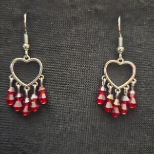 Antique silver heart and red iridescent glass crystal chandelier earrings